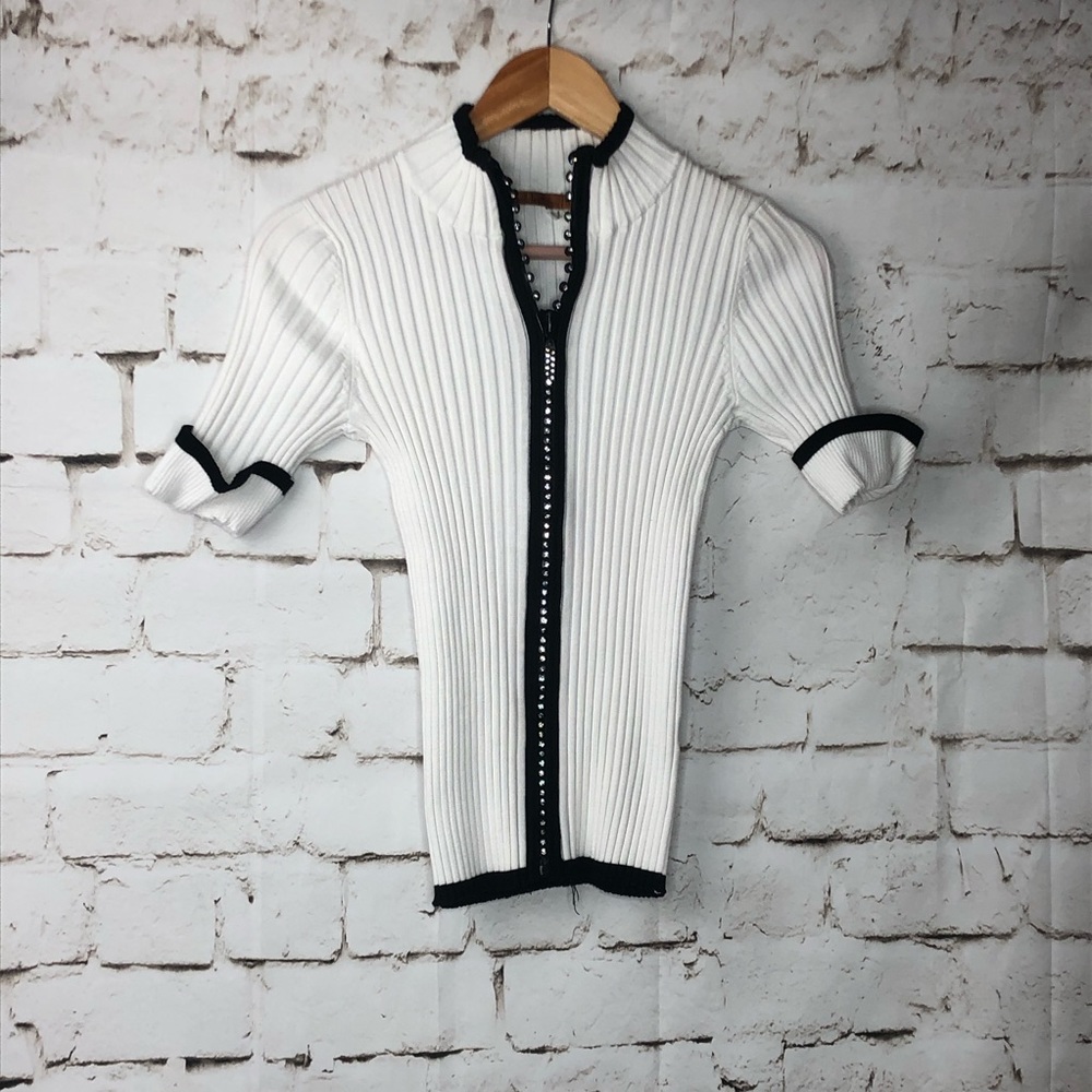 Vintage Rhinestone Zip up short sleeve sweater